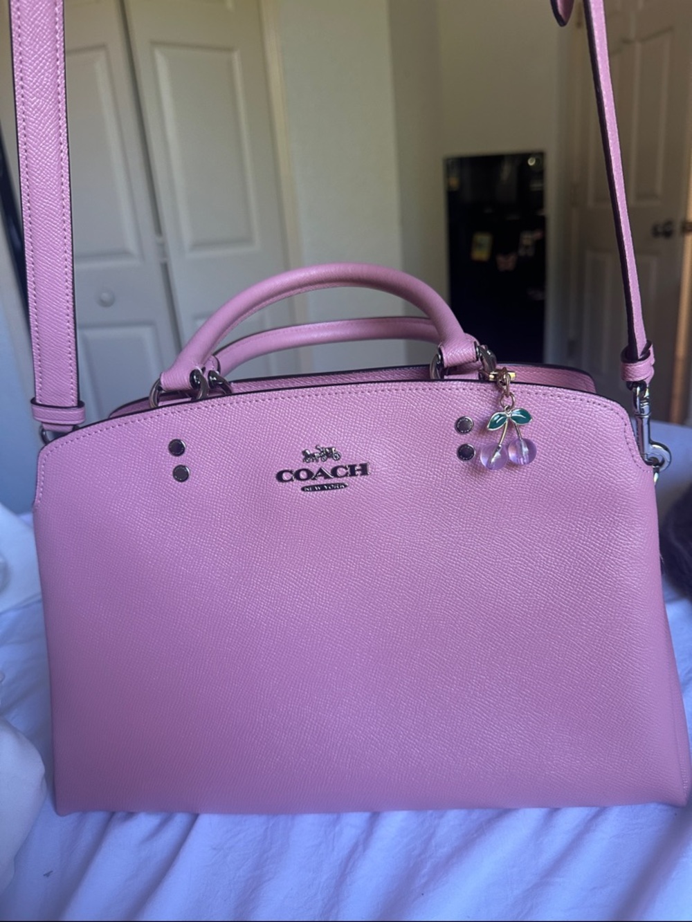 COACH Pink Leather Satchel with Cherry Charm